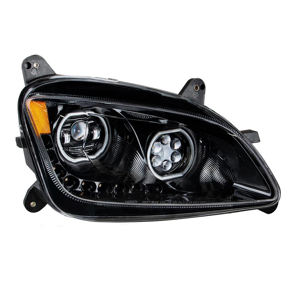 RH Headlight, Projector with LED Sequential turn signals and LED Halo Rings, Black, 2013- 2021, Kenworth T680